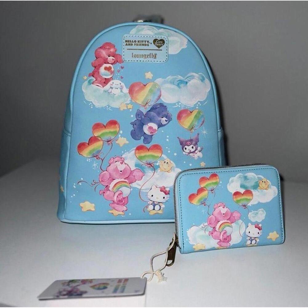 HELLO KITTY X CARE BEARS LOUNGEFLY BACKPACK, WALLET, AND LANYARD